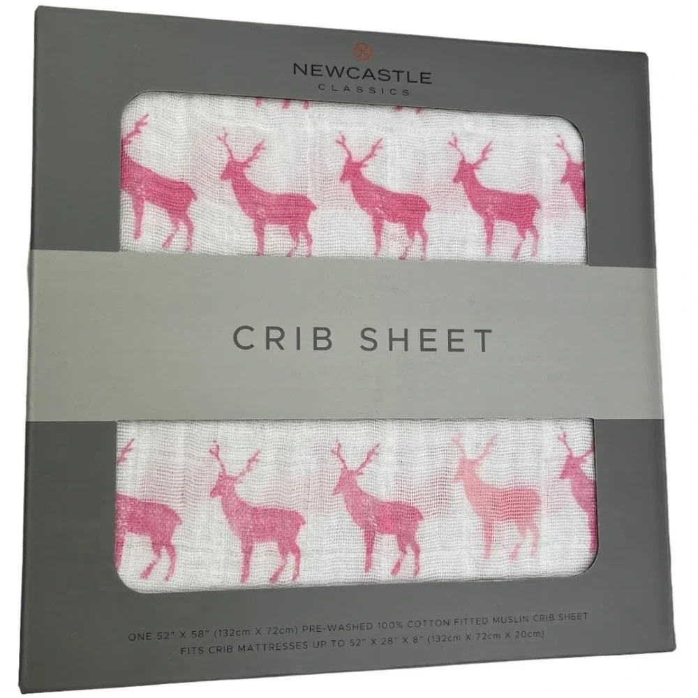 Pink Deer Cotton Muslin Fitted Baby‎ Crib Sheet White Standard Mattress NWT